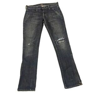 7 for All Mankind Low Rise slim straight distressed black jeans with zippers 26